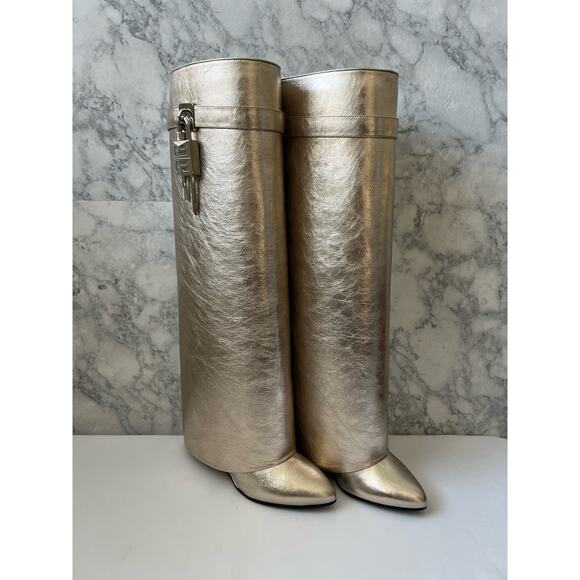 NWOT Givenchy Shark Lock Boots in Laminated Leather Dusty Gold Size 38 - Picture 1 of 16